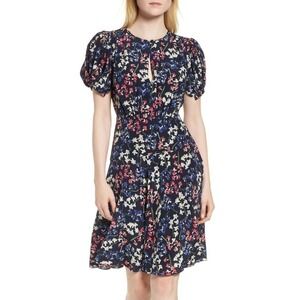 Lewit Navy Blue Floral 100% Silk Puff Sleeve Fit & Flare Dress Womens Size 12